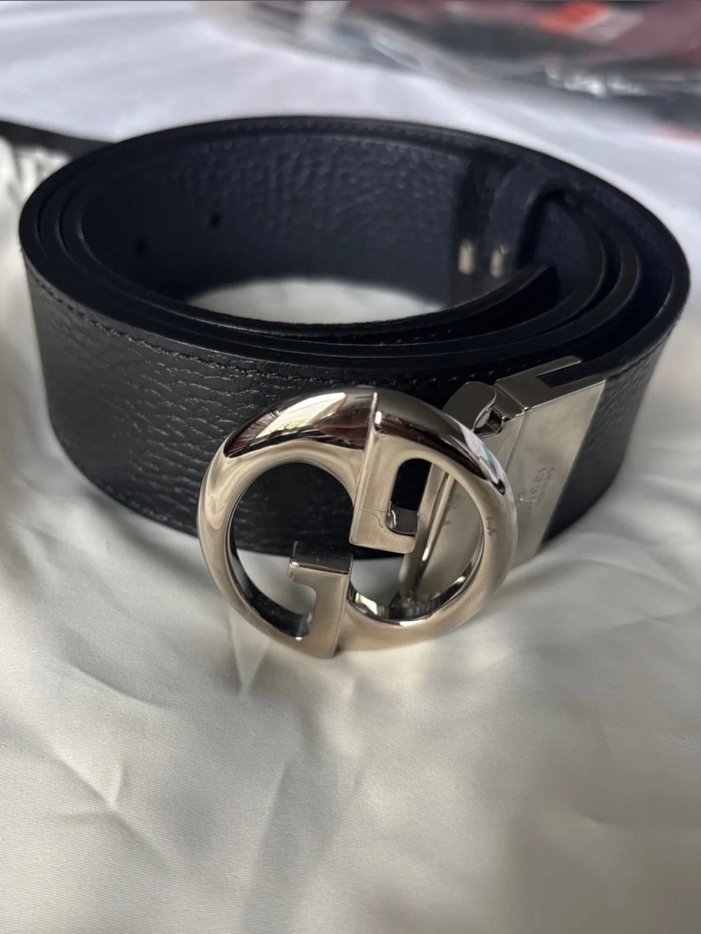 Gucci Black/Blue reversible Leather Belt with Silver Interlocking GG Buckle